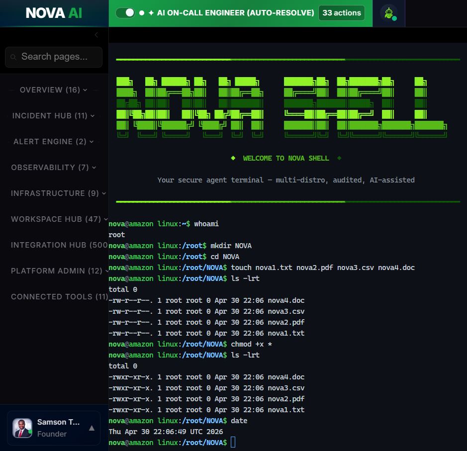 Nova Shell terminal showing whoami, mkdir, touch, chmod, ls, and date commands running on Amazon Linux