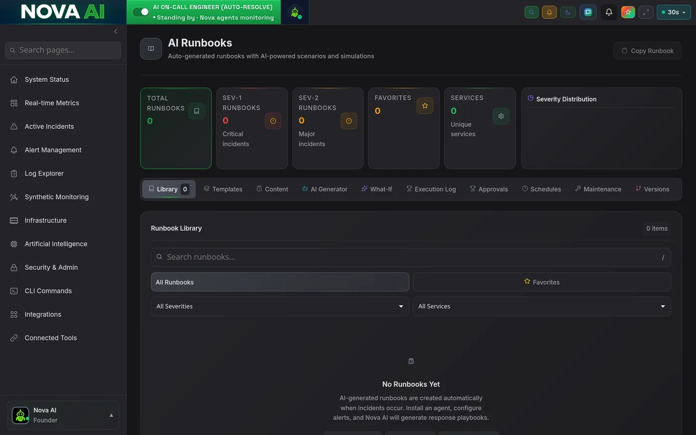 Nova AI runbooks library, shown in the Nova Carbon theme