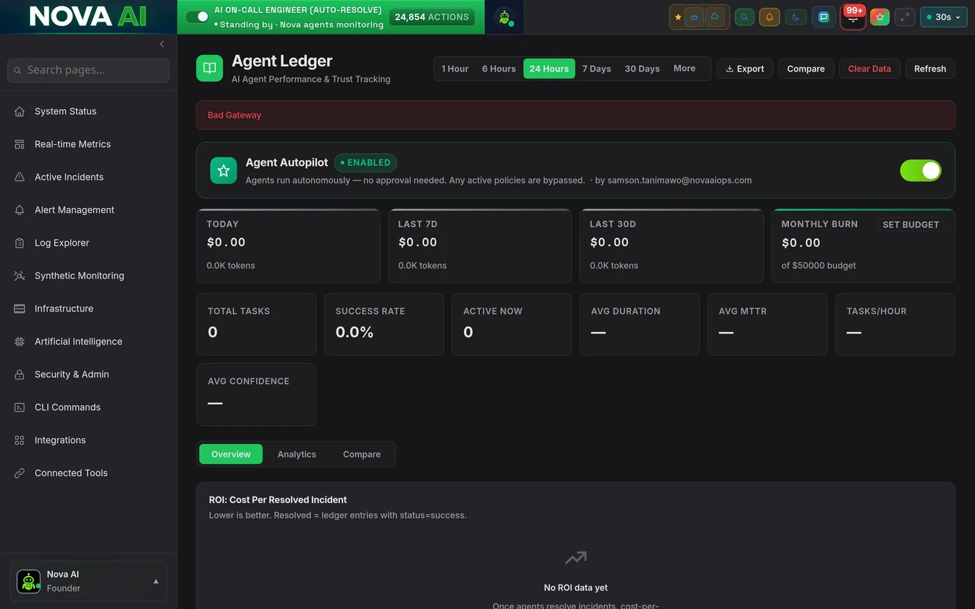 Nova Copilot: AI agents resolving incidents with live trust scores, shown in the Nova Carbon theme
