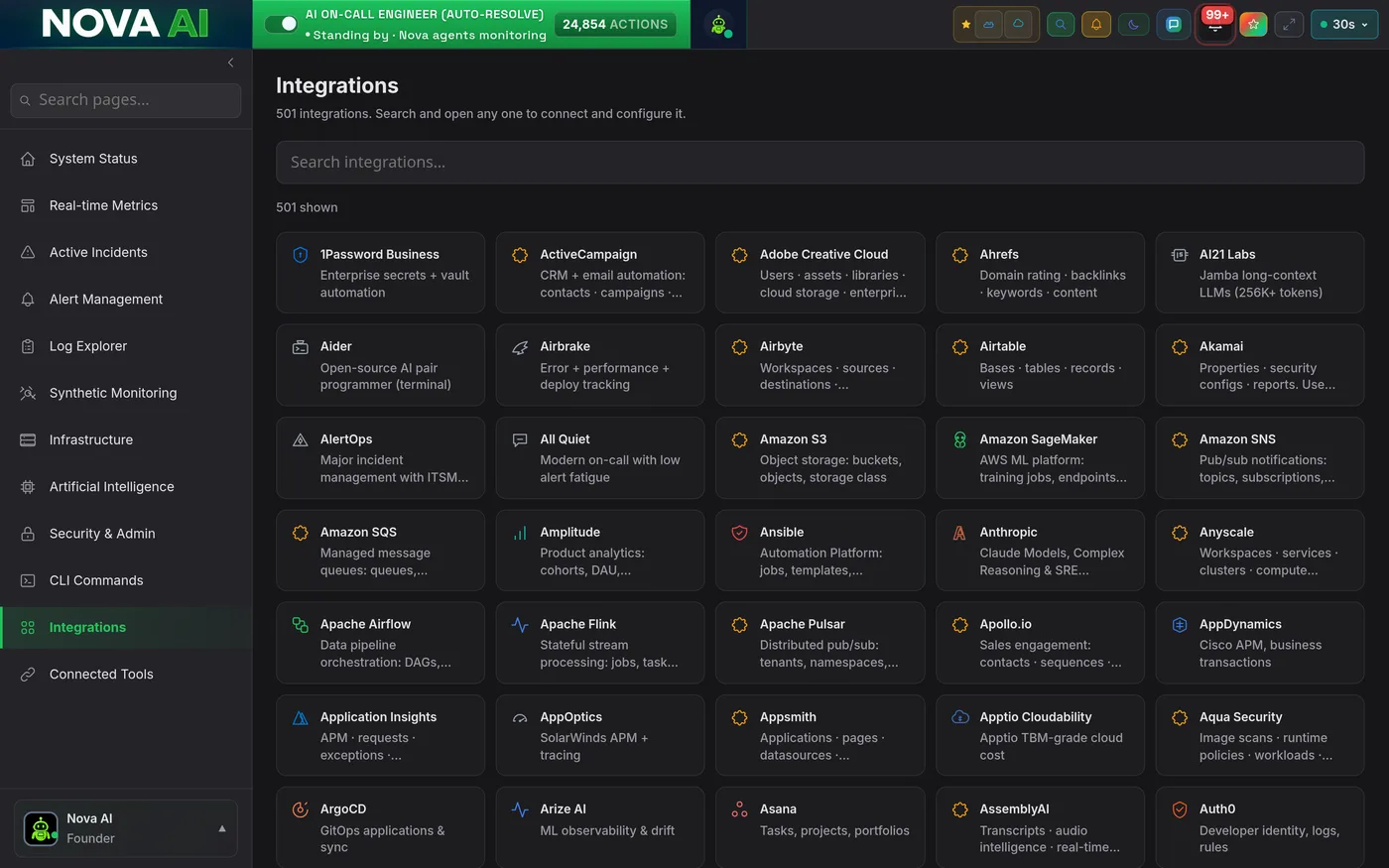 Nova integrations library with 500+ connectable tools, shown in the Nova Carbon theme
