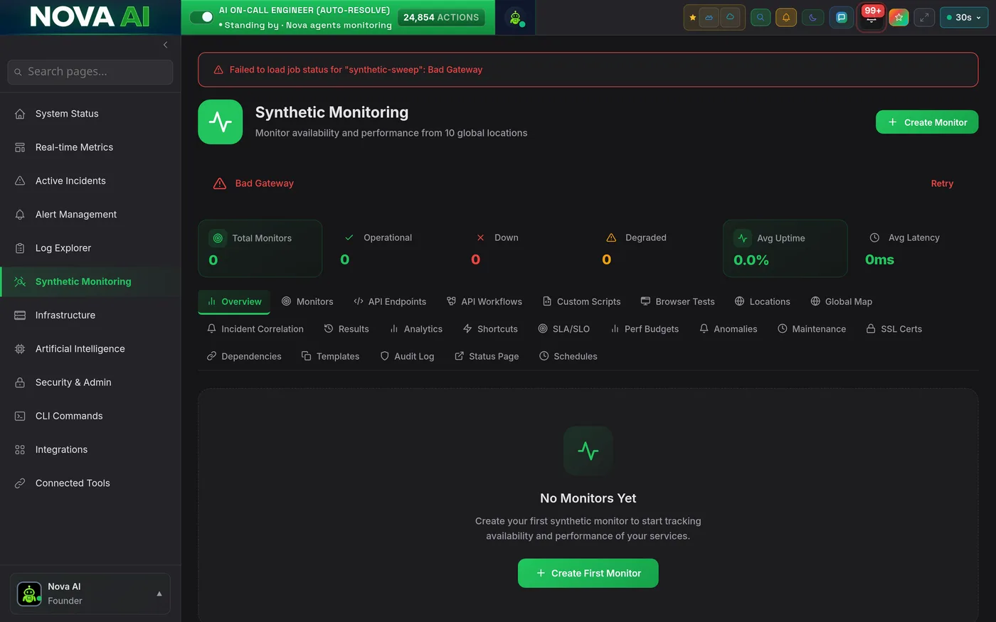 Nova synthetic monitoring showing check results by region