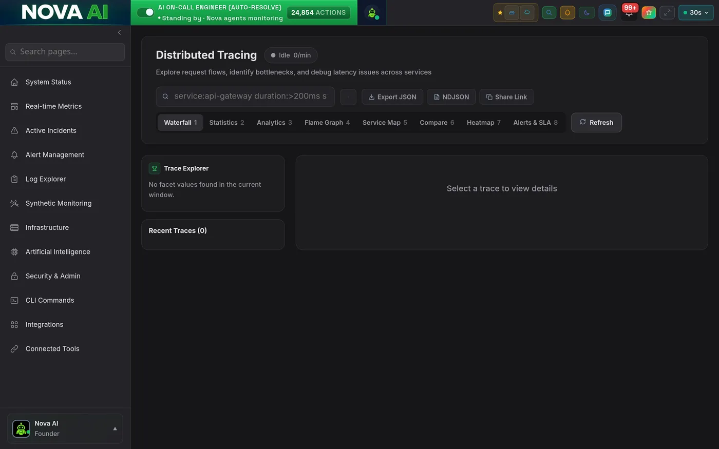 Nova distributed tracing with request spans and latency, shown in the Nova Carbon theme